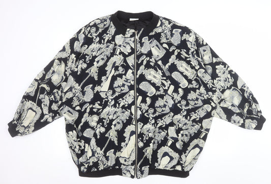 Additional front view of Liana Moden unisex black art print bomber jacket, size 36, viscose rayon