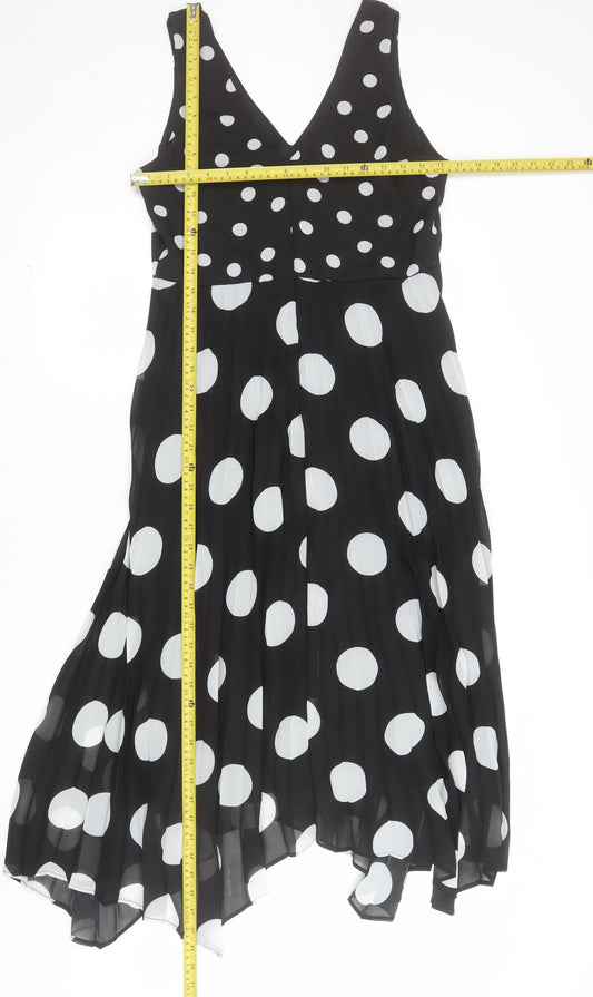 Wallis Women’s Black White Polka Dot A-Line V-Neck Sleeveless Dress UK 10