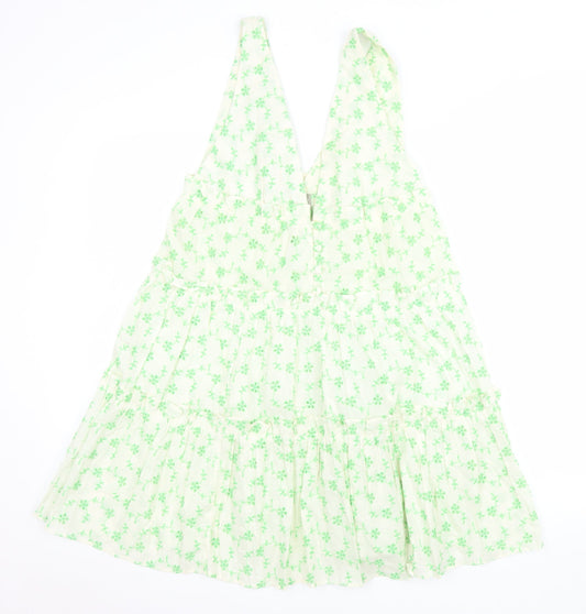 ASOS Women Green Floral Cotton Swing Dress Size 8 Sleeveless V-Neck