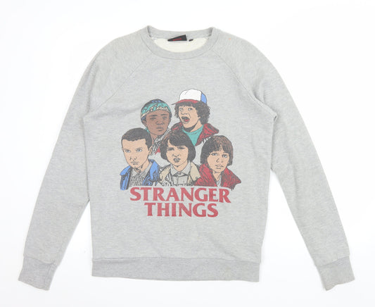 Front view of Stranger Things unisex grey xs pullover sweatshirt graphic print