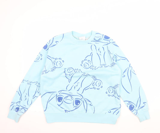 Front view of Disney women’s blue stitch pullover sweatshirt xs