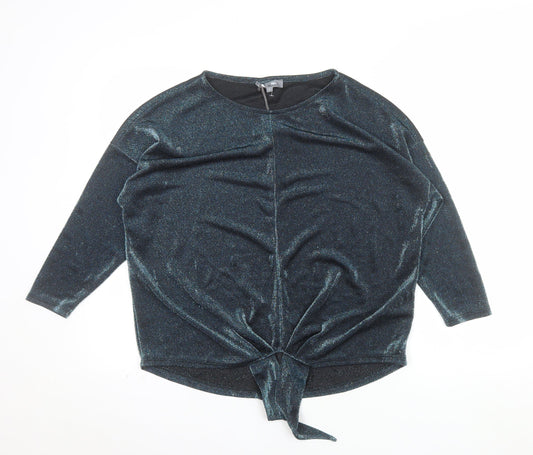 Additional front view of Principles Women’s Black Glitter Tie Front 3/4 Sleeve Tunic Blouse, size UK 14