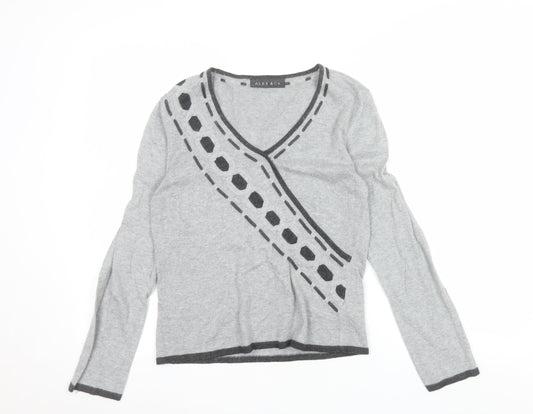 Alex & Co. Womens Grey V-Neck Geometric Knit Jumper Size 12