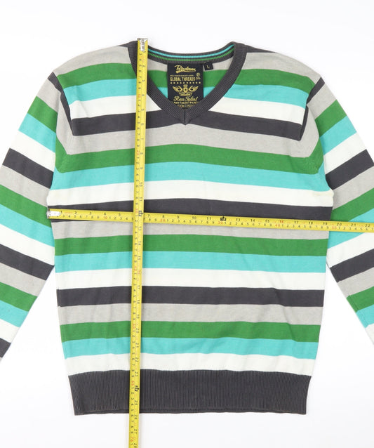 Petroleum Men's Multicoloured L V-Neck Cotton Striped Jumper