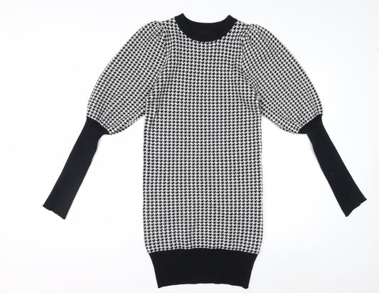 QED LDN Women’s Black Houndstooth Knit Puff Sleeve Pencil Dress M