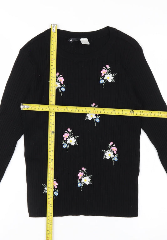 H&M Divided Women's Black Floral Embroidered Long Sleeve Jersey Top Size S