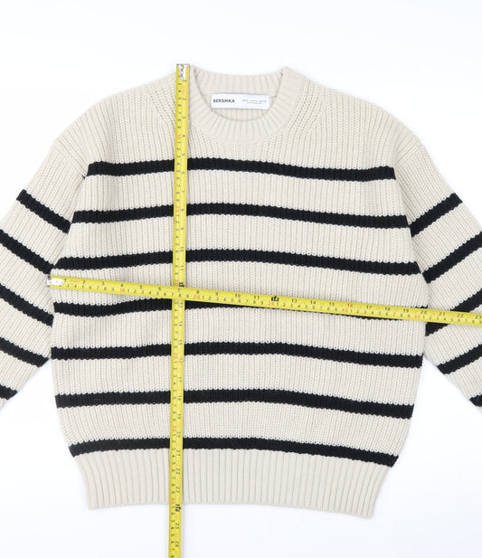 Bershka Women’s Beige Striped Chunky Knit Jumper XS