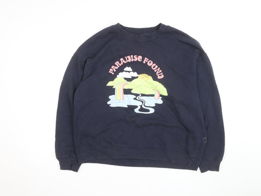 Additional front view of Monki unisex blue paradise found graphic pullover sweatshirt l