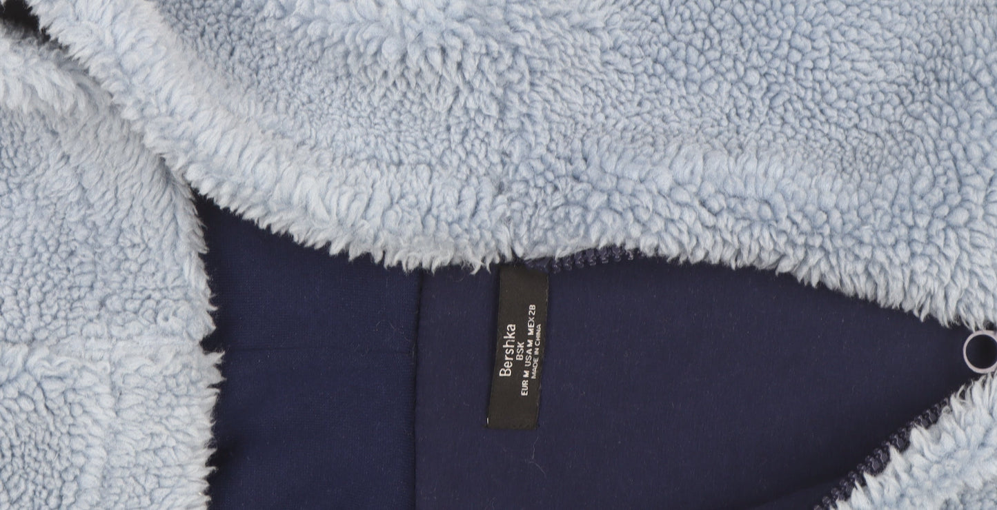 Bershka Women Blue Hooded Fleece Jacket Size M Full Zip Winter Coat