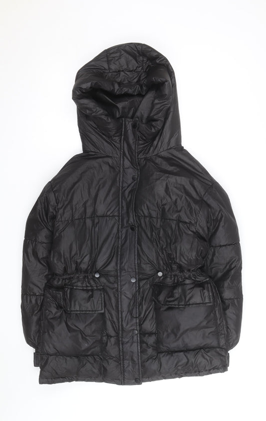 Bershka Women's Black XS Puffer Jacket Hooded Mid-Length