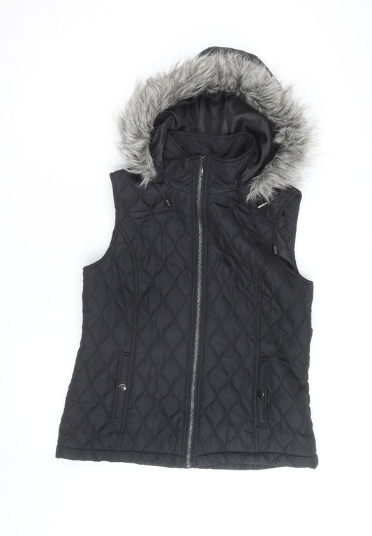 Tu Women's Black Quilted Hooded Faux Fur Trim Waistcoat Size 14