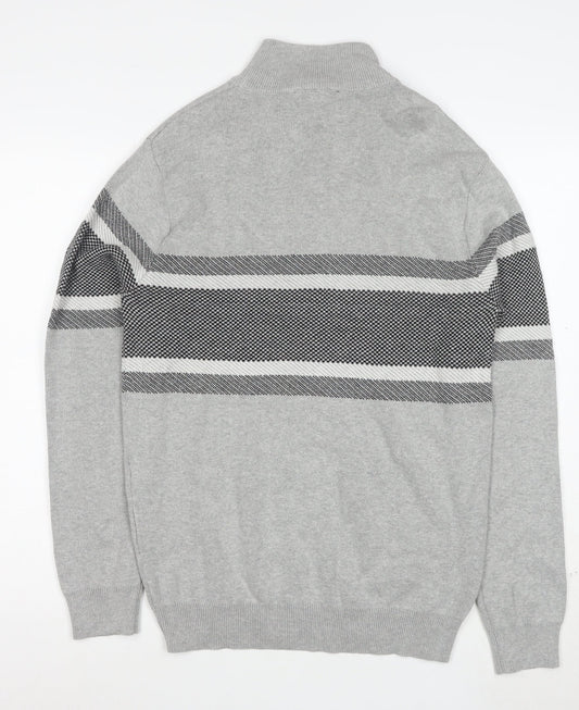 Peacocks Men's Grey Striped Half Zip High Neck Cotton Jumper Size M