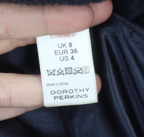 Brand and care label for Dorothy Perkins Women's Blue Fleece Mid-Length Coat, size 8