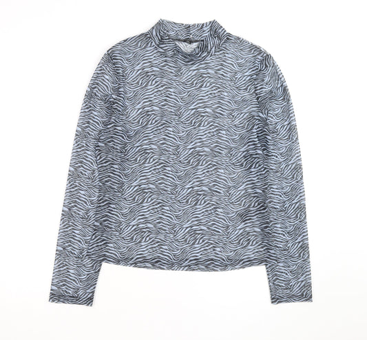 Miss Selfridge Women’s Grey Zebra Mock Neck Mesh Long Sleeve Top Size 16