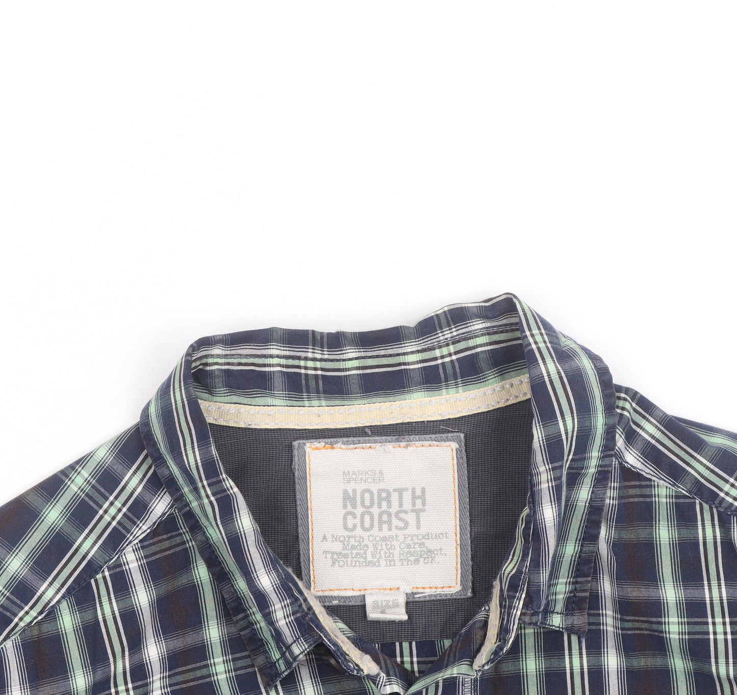 Marks and Spencer Men's Blue Plaid Cotton Button-Up Shirt L