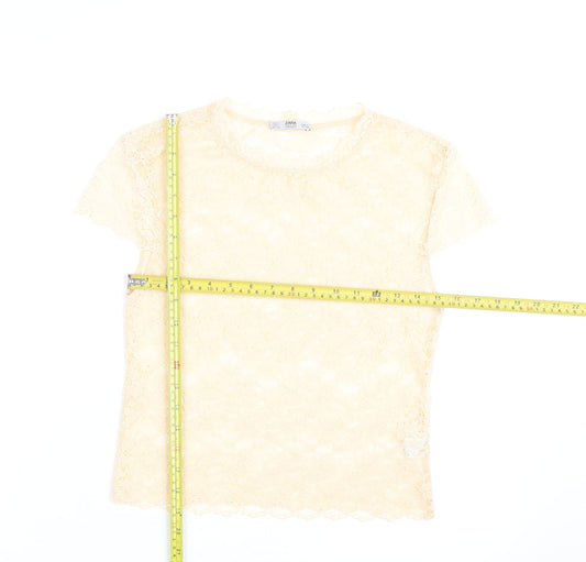 Zara Women Beige Lace Floral Short Sleeve Tunic Blouse Size S