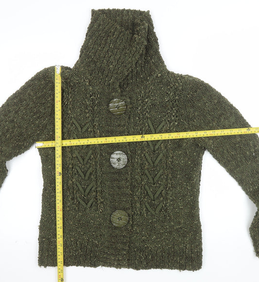 Alexara Womens Green Chunky Knit Cowl Neck Button Cardigan L