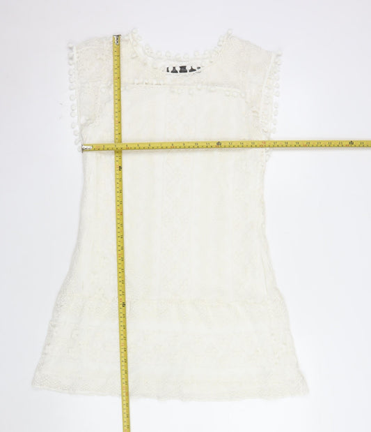 Zanzea Women's Ivory Lace Shift Dress Size 16 Bohemian Pom Pom Trim