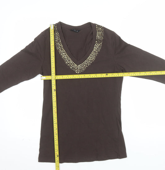 Unlisted Women’s Brown Beaded V-Neck 3/4 Sleeve Stretch Top Size S