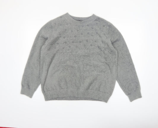 Klass Women's Grey Beaded Crew Neck Pullover Jumper Size L