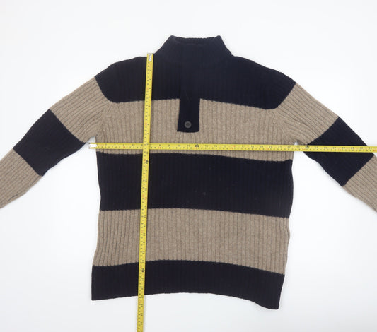 Wolsey Men’s Beige & Navy Lambswool Striped Mock Neck Jumper Size L