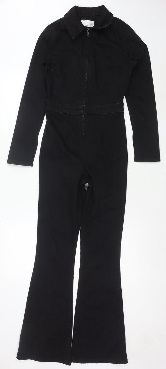 Additional front view of ASOS DESIGN Women's Black Cotton Blend Zip Front Long Sleeve Jumpsuit, size 4