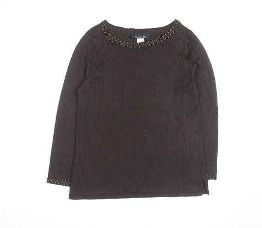 Jones New York Women’s Brown Beaded Boat Neck Long Sleeve Pullover Jumper Size M