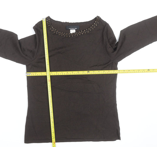 Jones New York Women’s Brown Beaded Boat Neck Long Sleeve Pullover Jumper Size M