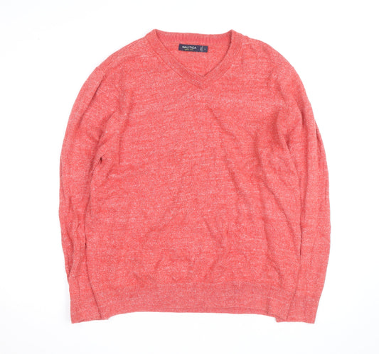 Back view of Nautica Men's Red V-Neck Knit jumper, size L