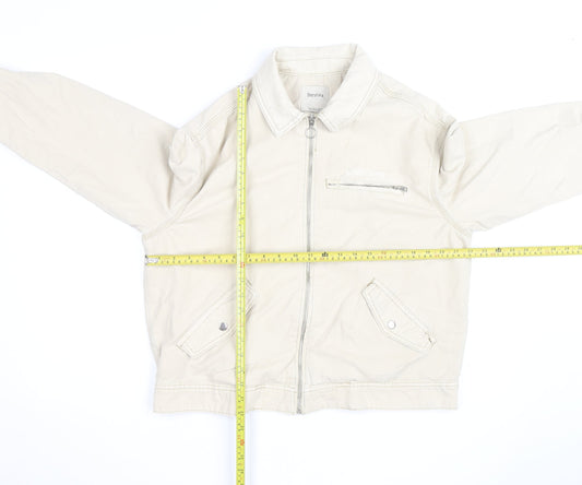 Bershka Men's Beige Cotton Bomber Jacket Size M Zip Pockets Casual