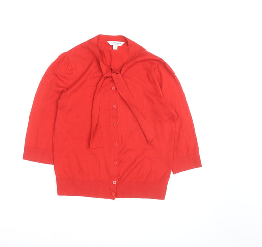 Additional front view of L.K.Bennett Red Silk Cotton Bow Cardigan S unisex 3/4 sleeve
