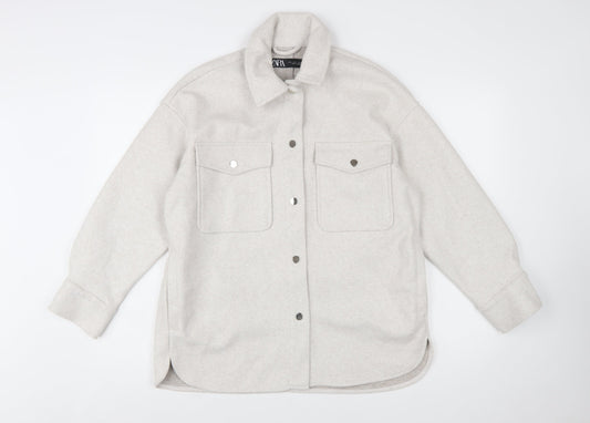 ZARA Women Beige Relaxed Shacket Jacket Size 10 Classic Style