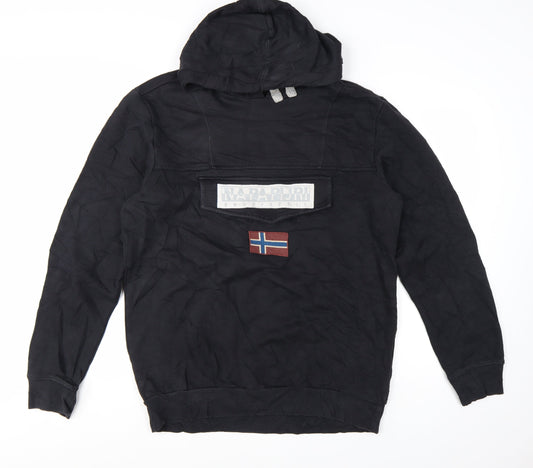 Napapijri Men's Black XL Pullover Hoodie with Logo Flag Patch