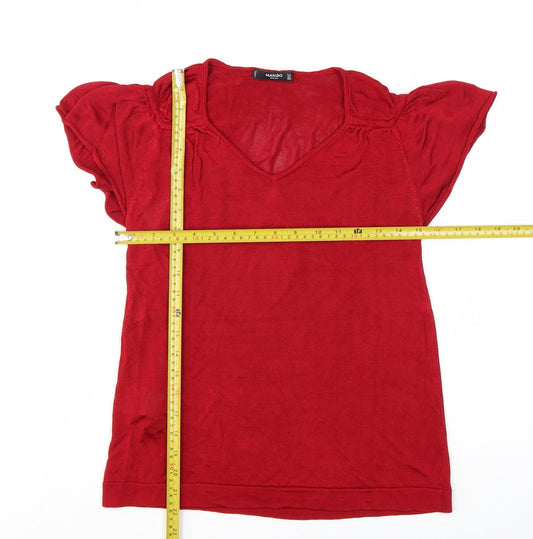 Mango Women Red Viscose V-Neck Short Sleeve Pullover Jumper Size 12