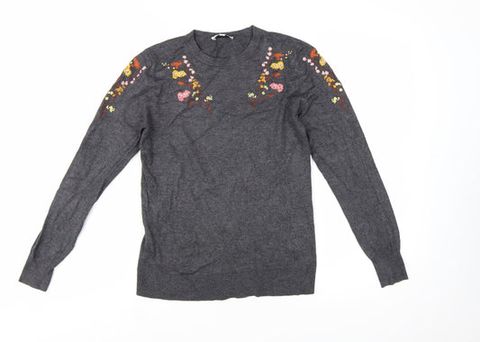 Warehouse Women’s Grey Floral Embroidered Knit Jumper Size 8
