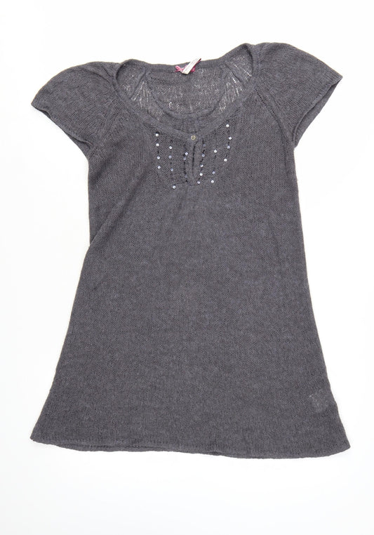White Stuff Women's Grey Tunic Jumper Size 12 Beaded Knit Short Sleeve