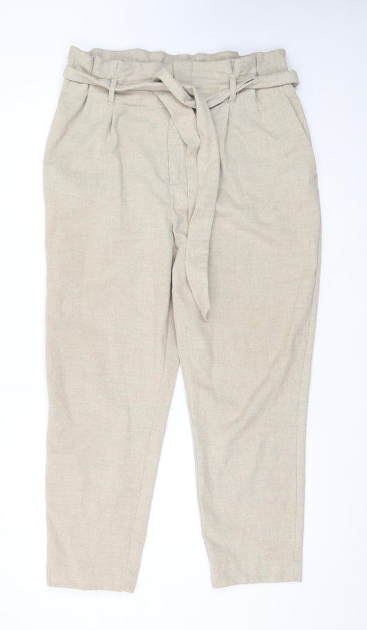 H&M Women’s Beige Paperbag Trousers Size 14 Belted Tapered Pants
