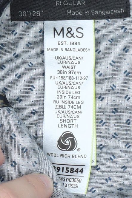 Marks and Spencer Men's Grey Check Wool Blend Chino Trousers 38in Waist 29in Leg