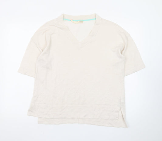White Stuff Women’s Beige Linen V-Neck Short Sleeve Pullover Jumper UK 10