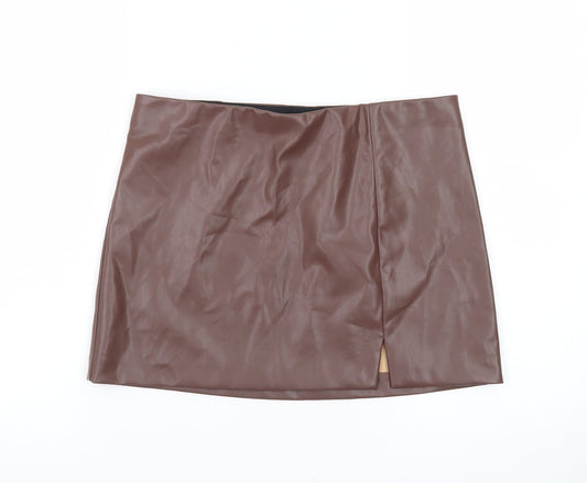 H&M Divided Women Brown Faux Leather Mini Skirt Size 10 High Waist