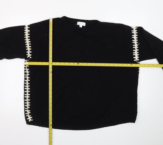 The White Company Women Black Wool Pullover Jumper UK 1 S with Contrast Stitch Detail