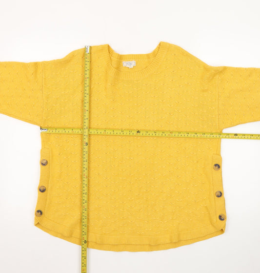 Fat Face Women Yellow Cotton Crew Neck Button Detail Pullover Jumper Size 18