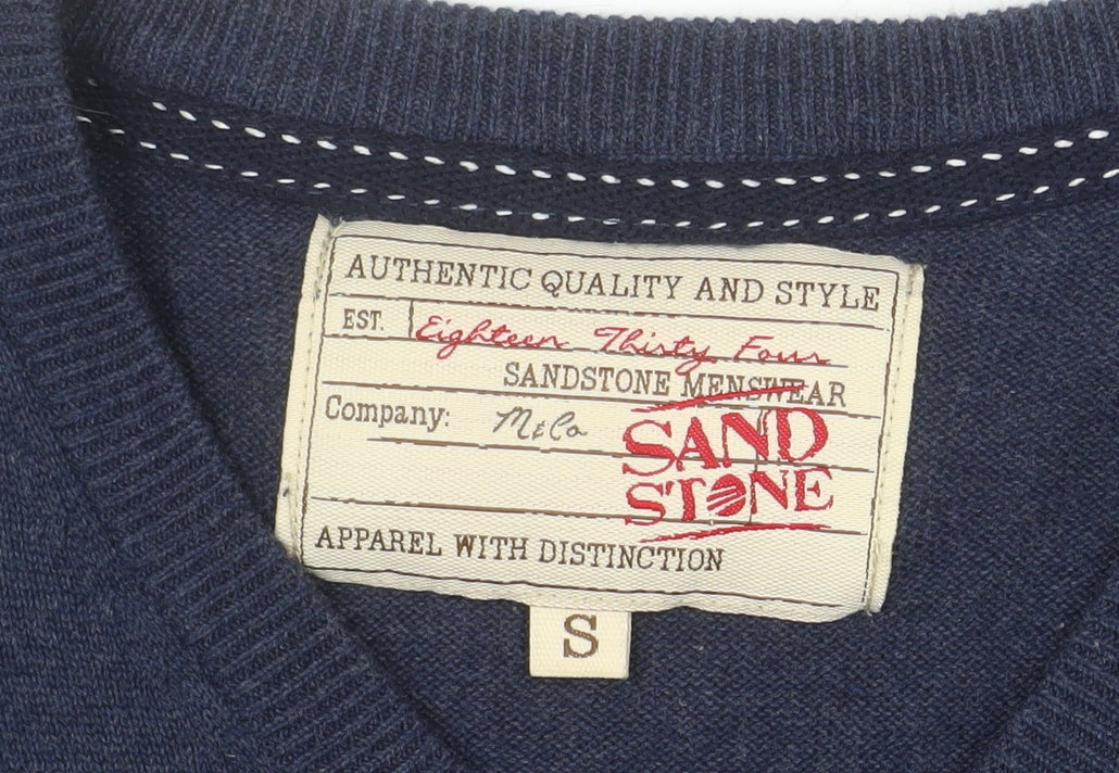 Sandstone Men's Blue Cotton V-Neck Jumper Size S