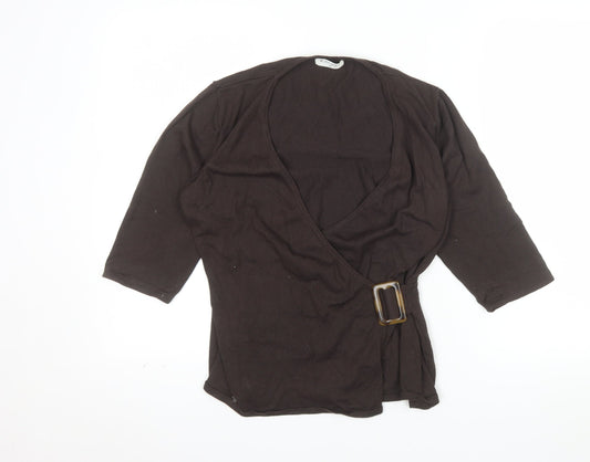 Kaliko Womens Brown Wrap Blouse Size 14 3/4 Sleeve V-Neck Buckle