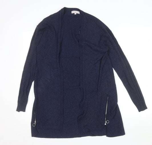 Additional front view of Red Herring women’s navy longline cardigan, size UK 10, open front zip detail