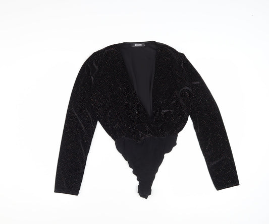 Missguided Women's Black Velvet Glitter Long Sleeve Bodysuit Size 4