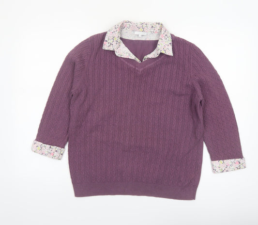 Lakeland Women Purple Cable-Knit Cotton Jumper Size 14 V-Neck