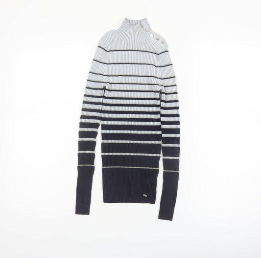 Ted Baker Women Grey & Navy Striped Mock Neck Ribbed Jumper Size XS