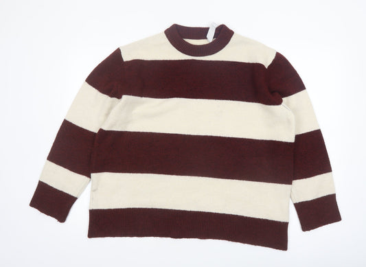 Stradivarius Women's Brown Striped Crew Neck Knit Jumper Size 10