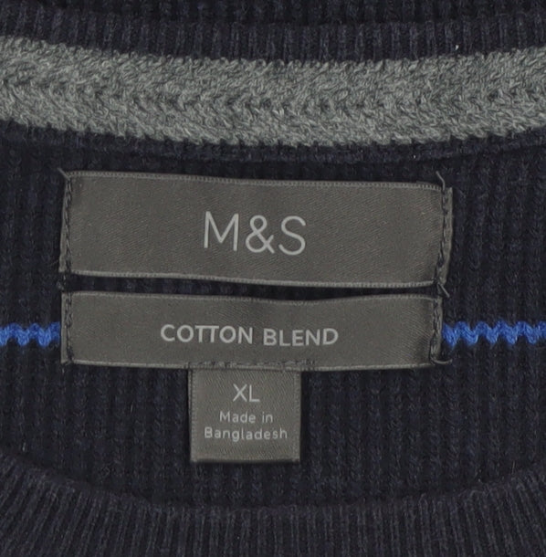Marks and Spencer Men's Blue Striped Cotton Blend Pullover Jumper XL